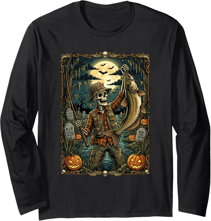 Catfishing Spooky Bigfoot Halloween Fishing Long Sleeve T-Shirt - Adult Unisex Black