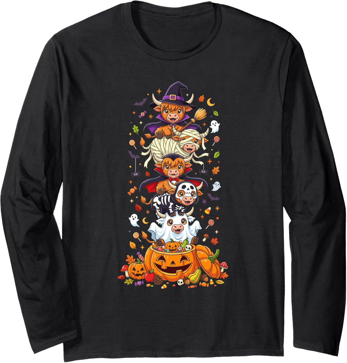 Highland Cow Witch Vampire Ghost Halloween Kids Mens Womens Long Sleeve T-Shirt - Adult Unisex Black