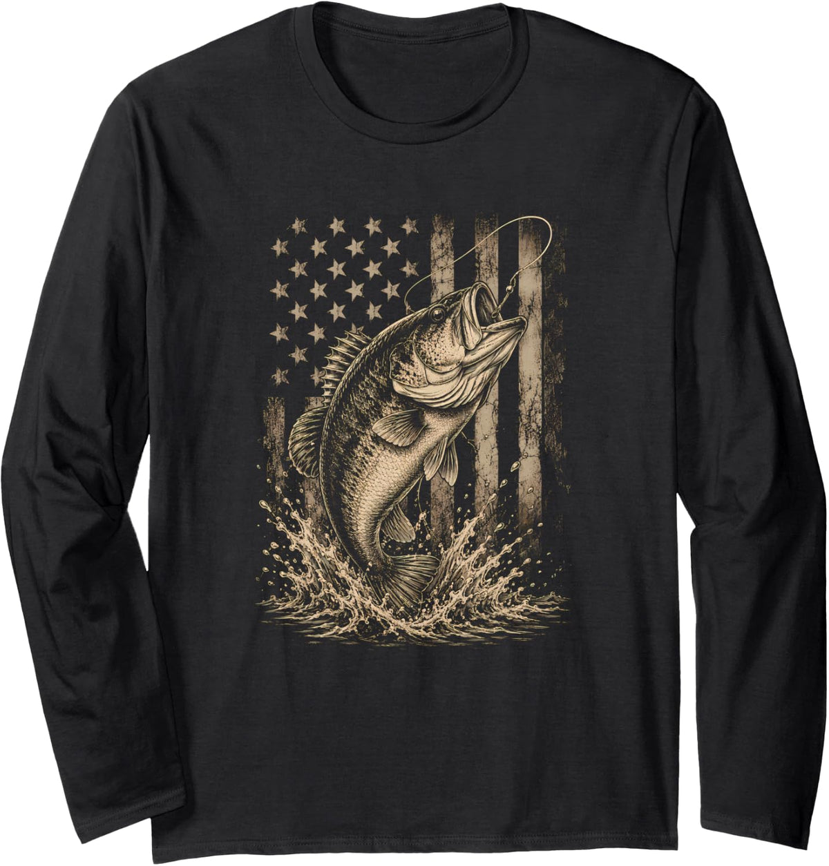 Patriotic Largemouth Bass Fishing American Flag Angler Long Sleeve T-Shirt - Adult Unisex Black