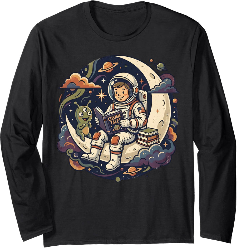 Astronaut Reading Alien Moon Space Sci-Fi Book Lover Long Sleeve T-Shirt - Adult Unisex Black