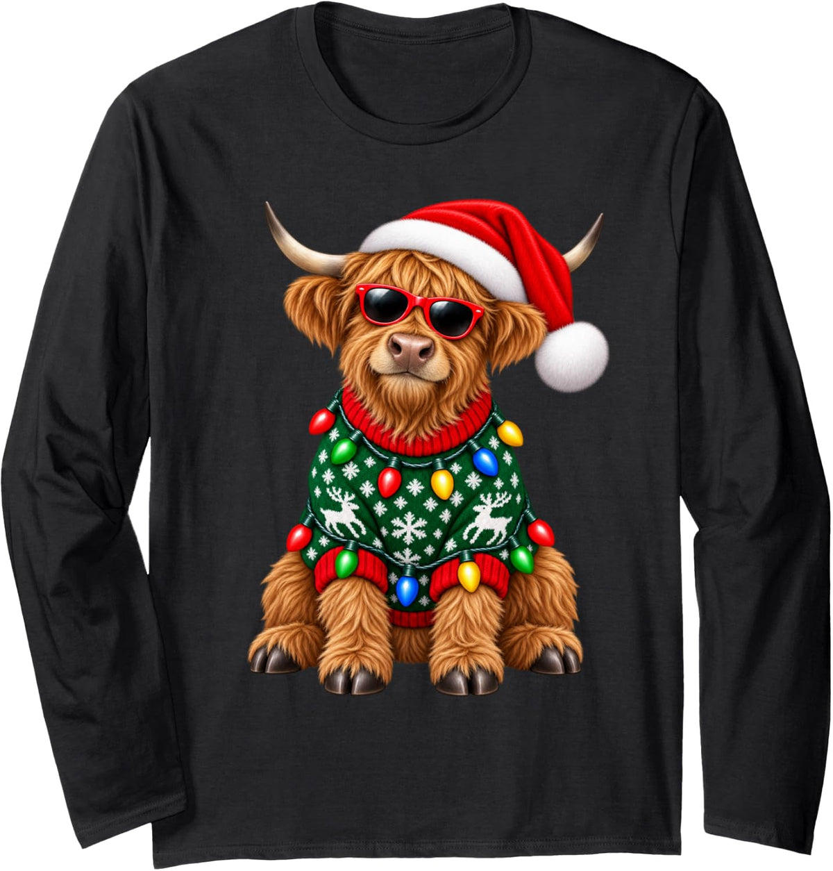 Highland Cow Christmas Sweater Santa Hat Sunglasses Animal Long Sleeve T-Shirt - Adult Unisex Black