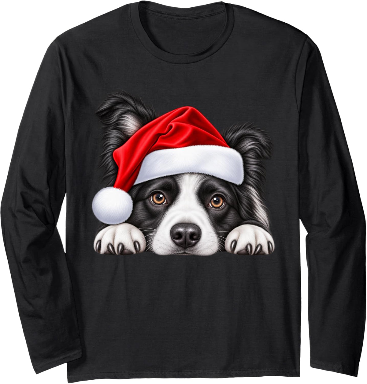 Border Collie Christmas Santa Hat Cute Xmas Pet Dog Lover Long Sleeve T-Shirt - Adult Unisex Black