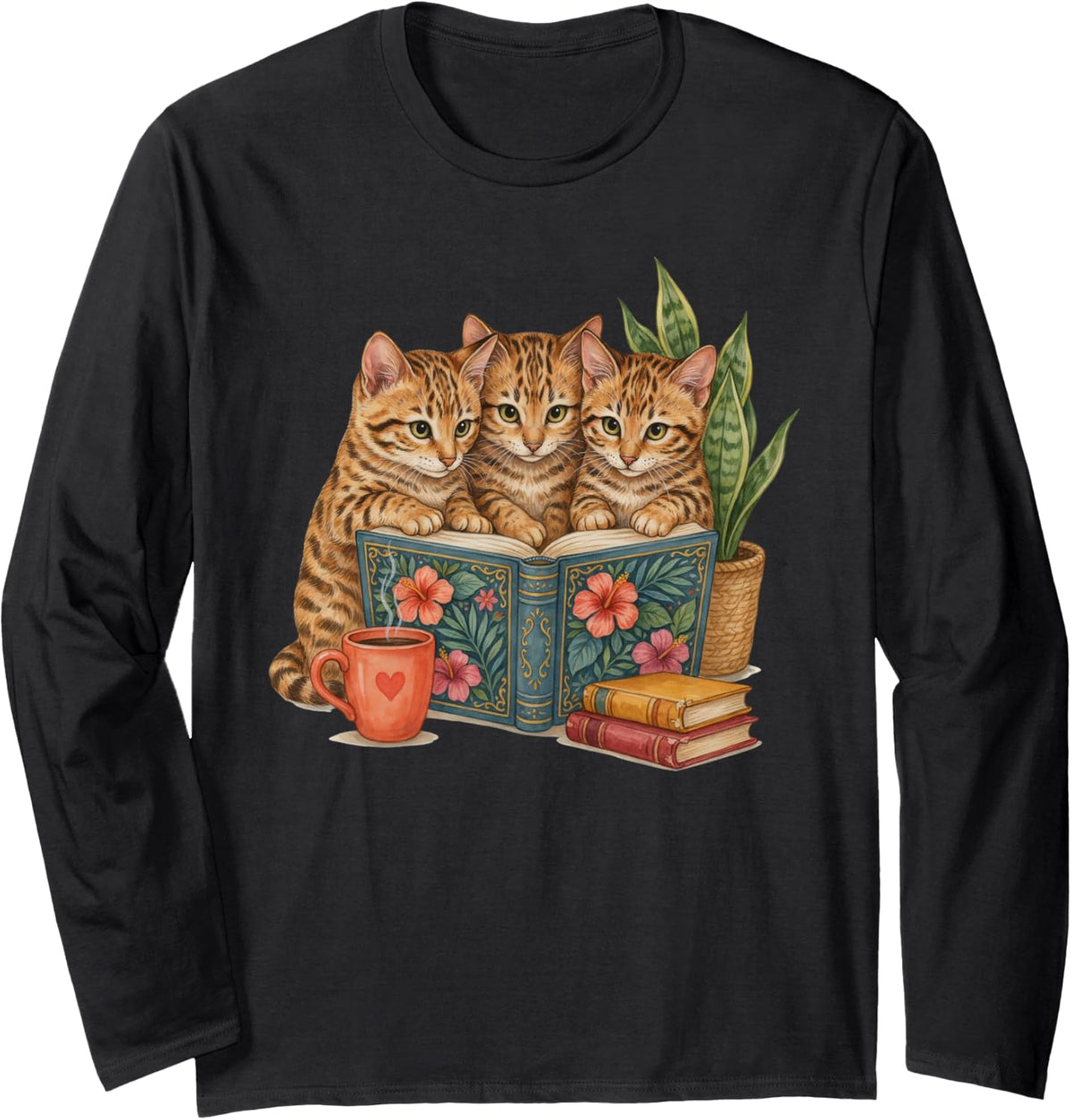 Cats Book Reading Bookworm Bengal cat Long Sleeve T-Shirt - Adult Unisex Black