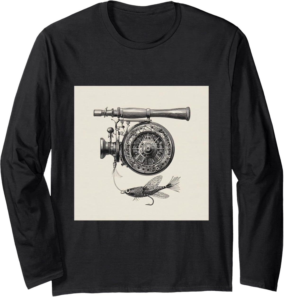 Vintage Fishing Reel Fly Fishing Rod Patent Illustration Long Sleeve T-Shirt - Adult Unisex Black