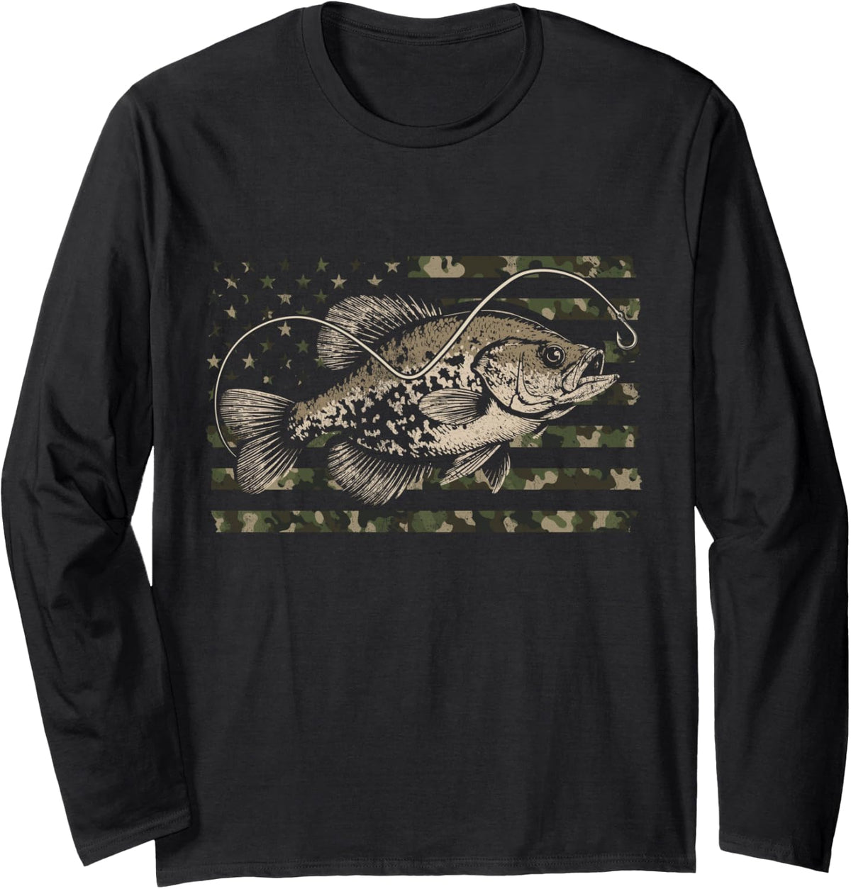 Crappie Fishing Distressed Camo Flag Long Sleeve T-Shirt - Adult Unisex Black