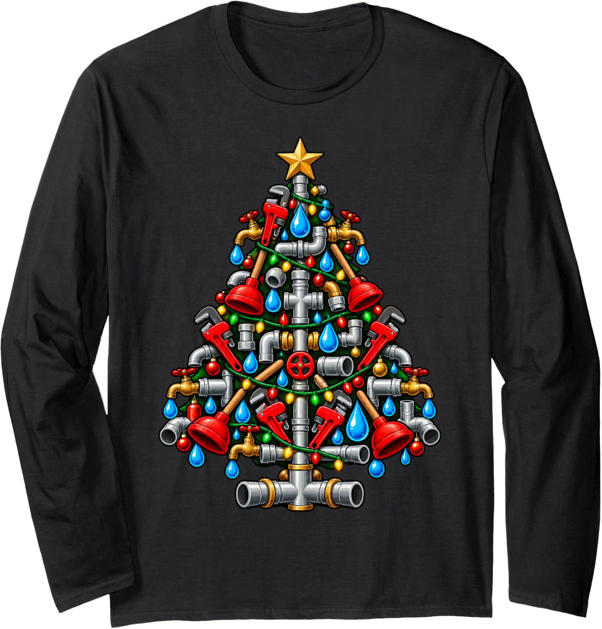 Plumber Christmas Tree Long Sleeve T-Shirt - Adult Unisex Black