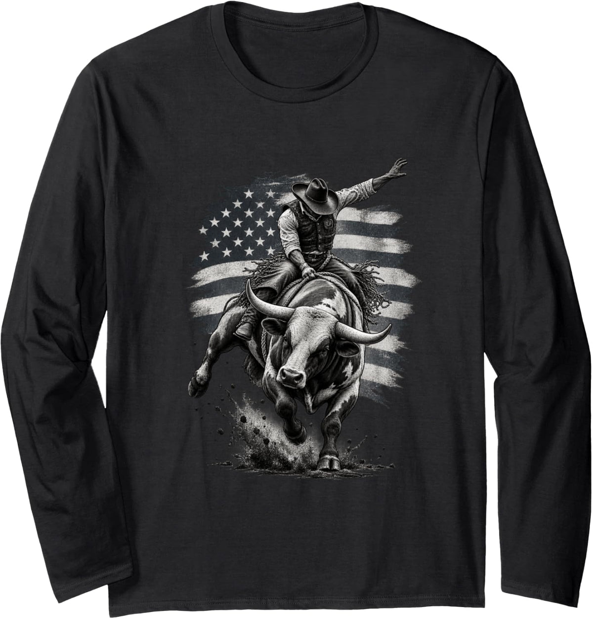 Patriotic Bull Riding American Flag Rodeo Cowboy Souvenir Long Sleeve T-Shirt - Adult Unisex Black