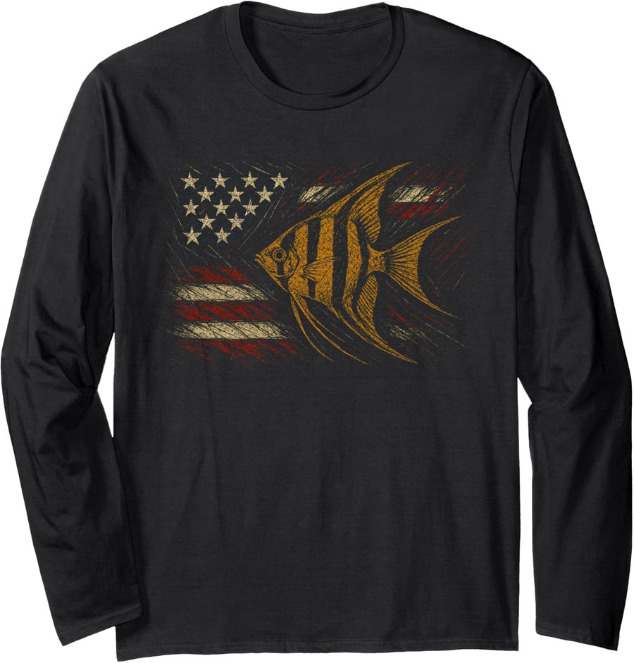 American Flag Fish Fisher Fisherman Funny Bass Fishing USA Long Sleeve T-Shirt - Adult Unisex Black