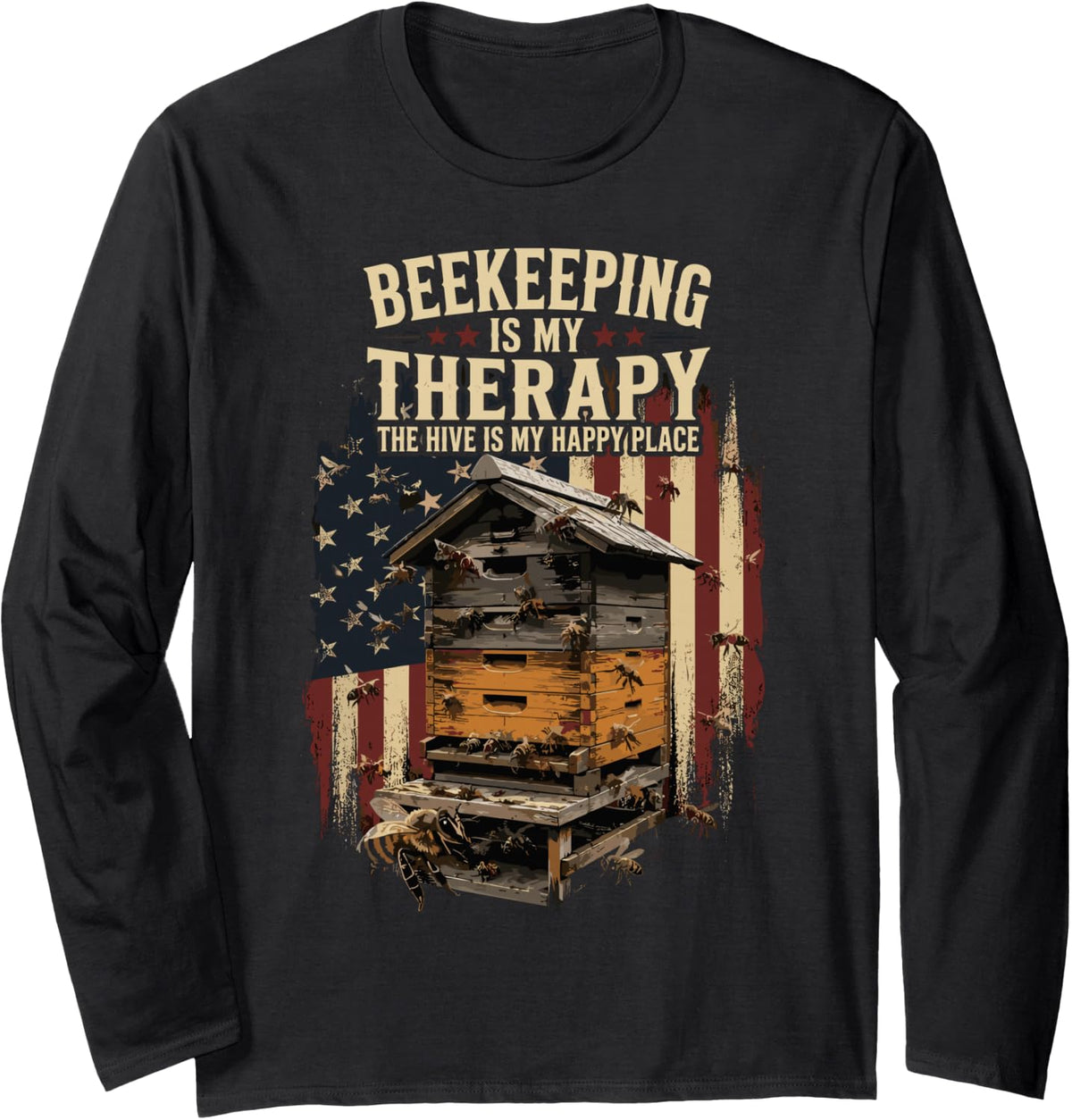 USA Beekeeping American Flag Bees Beekeeper Long Sleeve T-Shirt - Adult Unisex Black