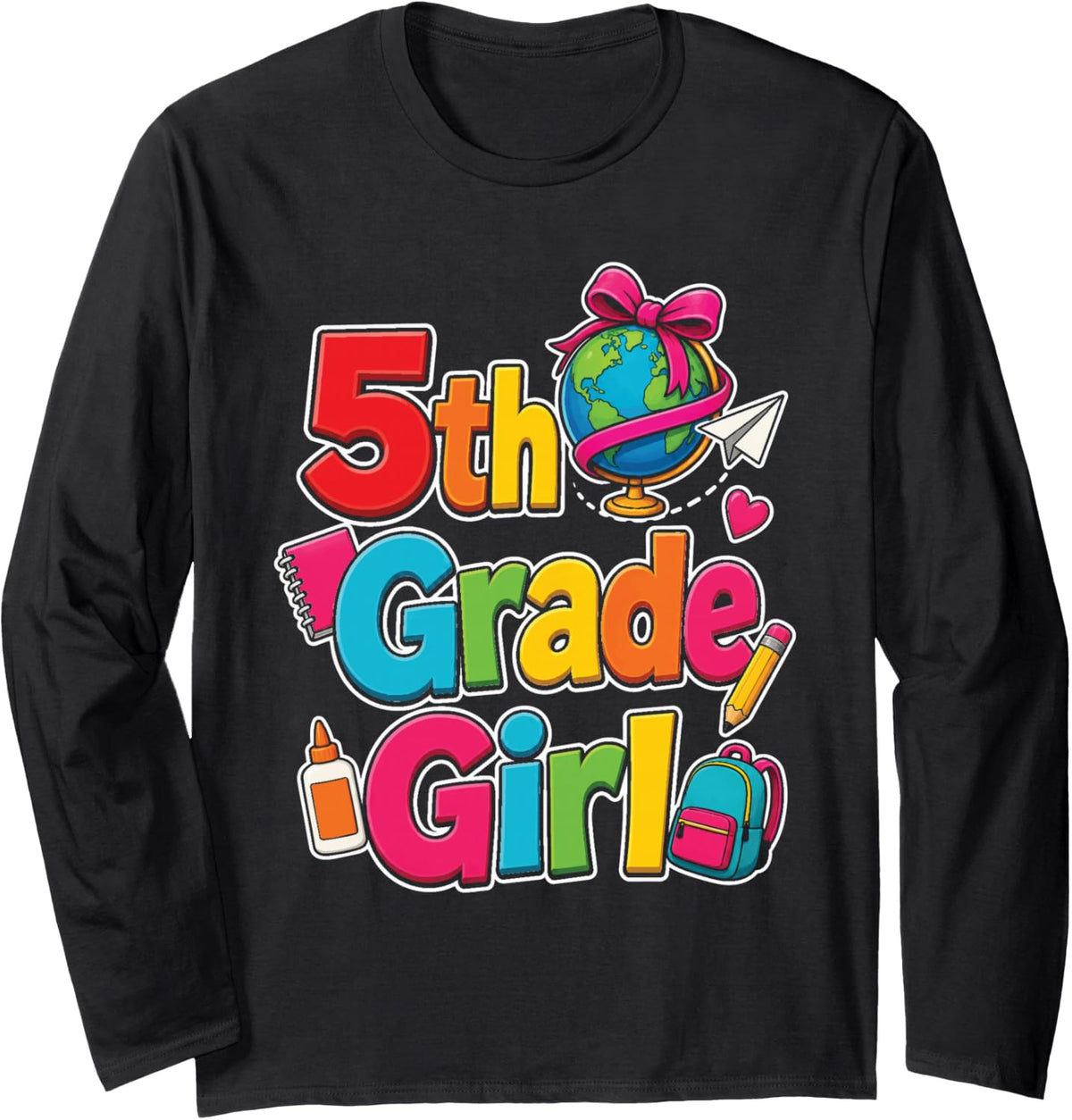 5th Grade Girl First Day Globe Backpack Hearts Bows Long Sleeve T-Shirt - Adult Unisex Black