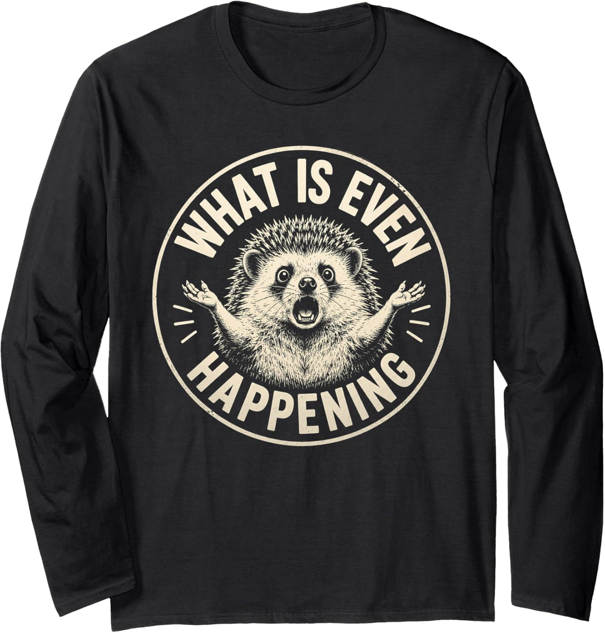 Cool Hedgehog What is Even Happening Funny Meme Long Sleeve T-Shirt - Adult Unisex Black