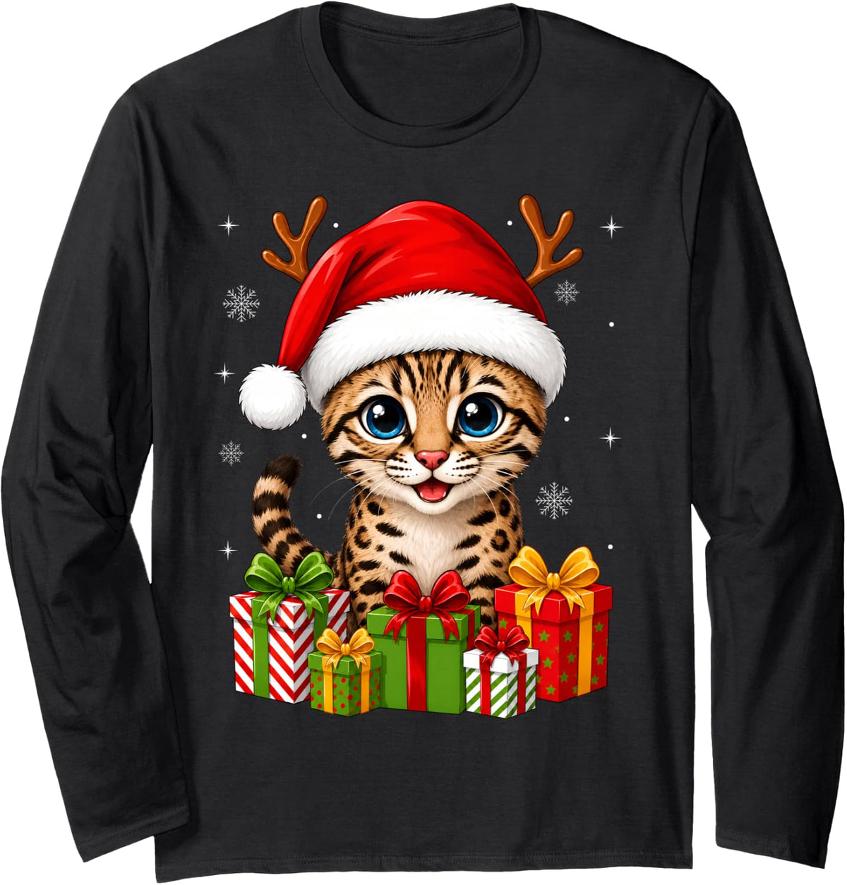Bengal Cat Xmas Decor Cute Festive Santa Hat Cat Christmas Long Sleeve T-Shirt - Adult Unisex Black