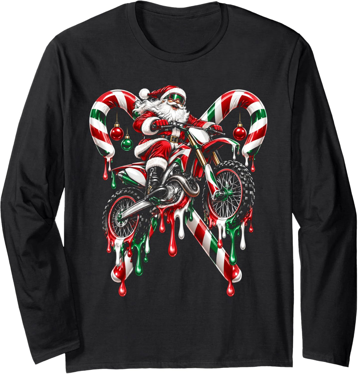 Motocross Christmas Santa Dirt Bike Funny Xmas Long Sleeve T-Shirt - Adult Unisex Black