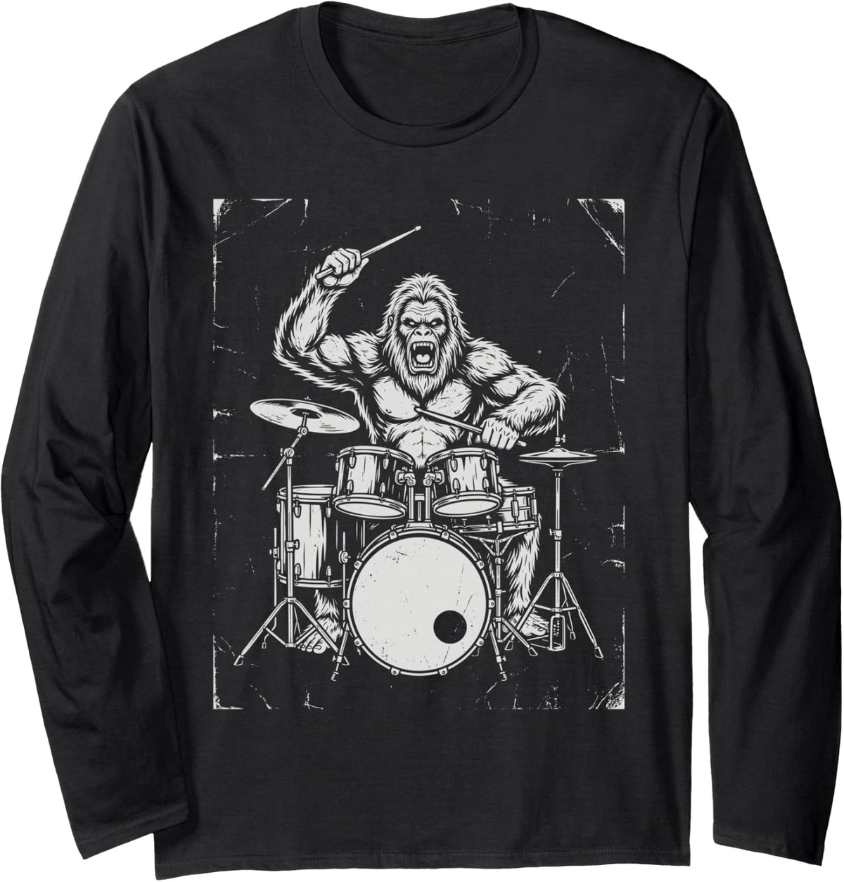 Sasquatch Drummer Drum Set Percussion Musician Music Lover Long Sleeve T-Shirt - Adult Unisex Black