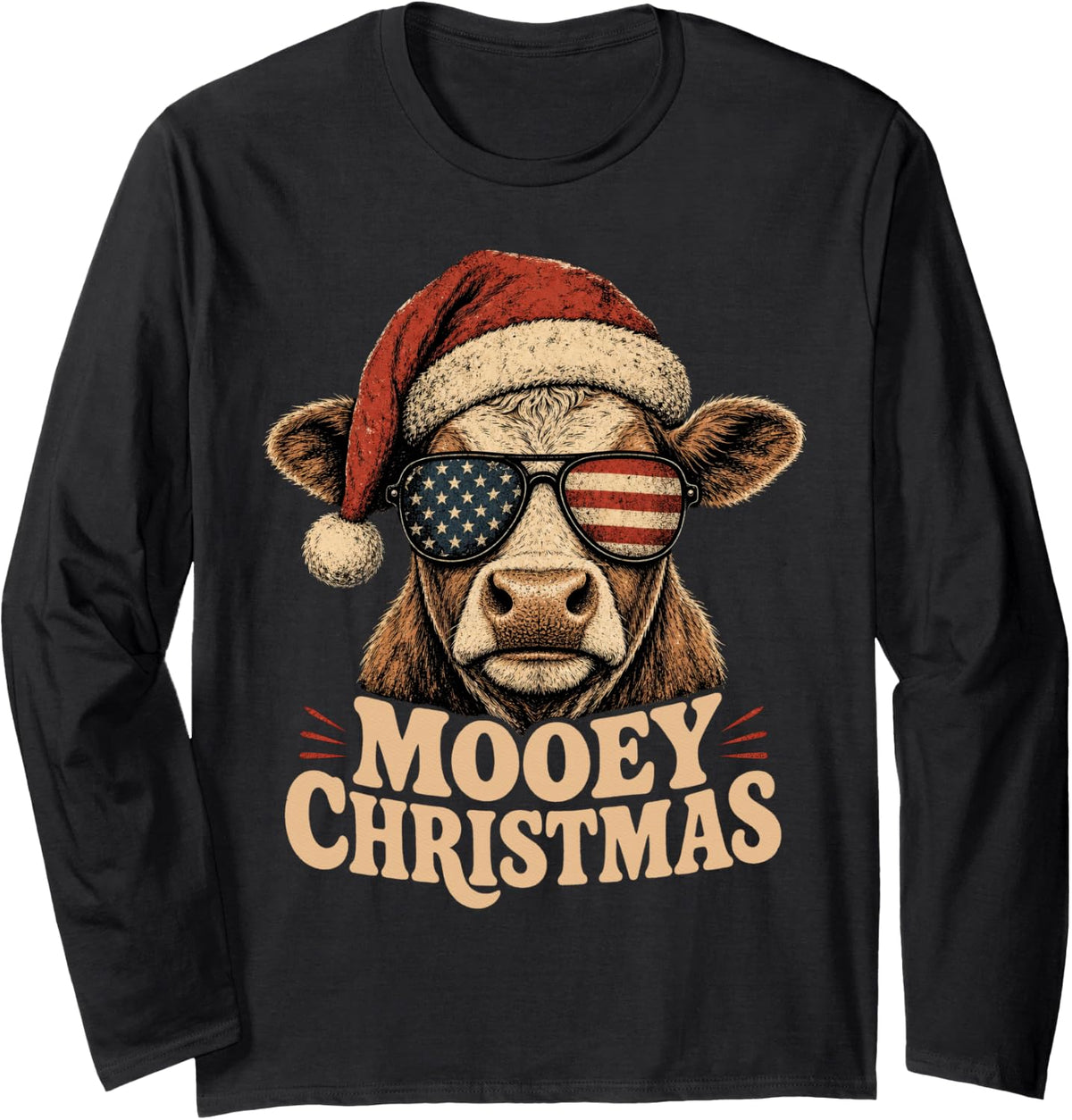 Mooey Christmas Cow USA Flag Sunglasses Patriotic Farmer Long Sleeve T-Shirt - Adult Unisex Black