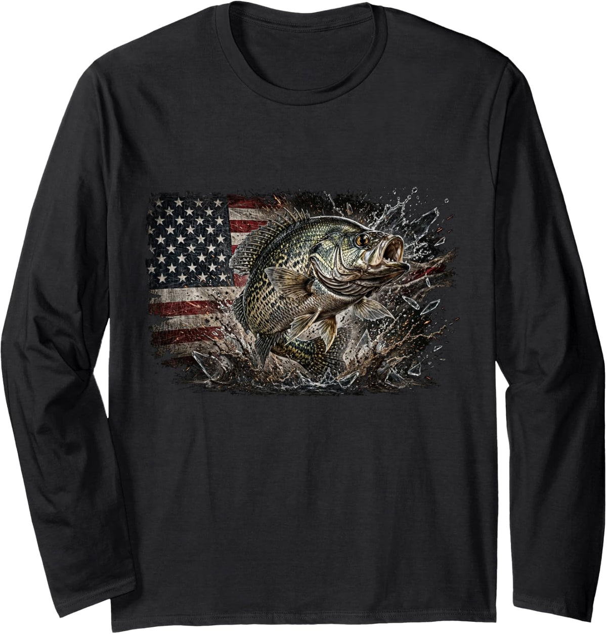 Crappie Fishing American Flag USA Angler for Fisherman Long Sleeve T-Shirt - Adult Unisex Black