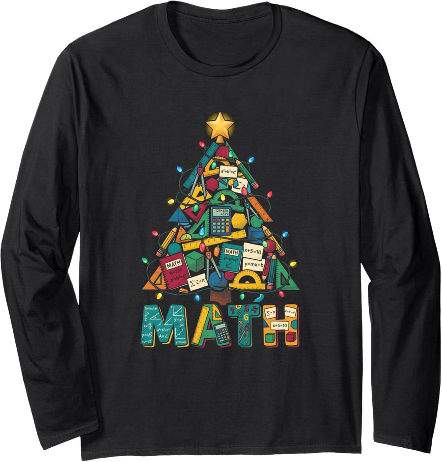 Funny Math Christmas Tree Math Teacher Xmas Long Sleeve T-Shirt - Adult Unisex Black