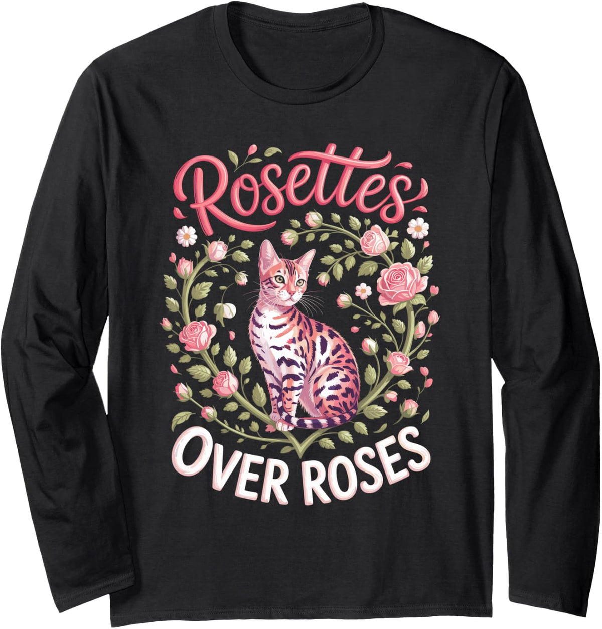 Rosettes Over Roses Bengal Cat Long Sleeve T-Shirt - Adult Unisex Black