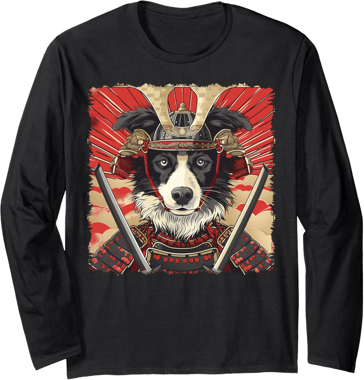 Border Collie Dog Japanese Art Samurai Ukiyo-e Vintage Long Sleeve T-Shirt - Adult Unisex Black