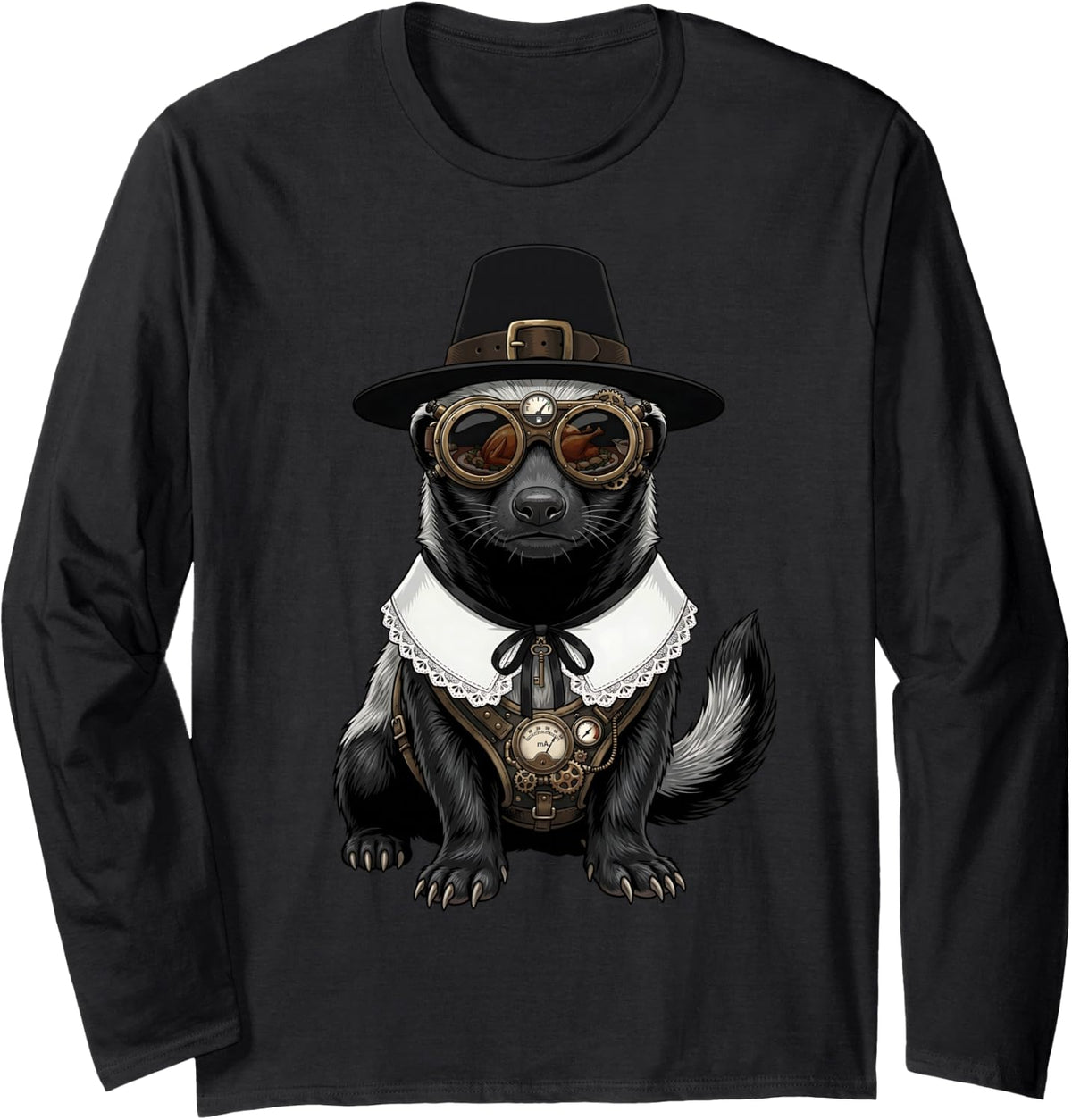 Honey Badger Vintage Retro Turkey Day Dinner Fall Harvest Long Sleeve T-Shirt - Adult Unisex Black