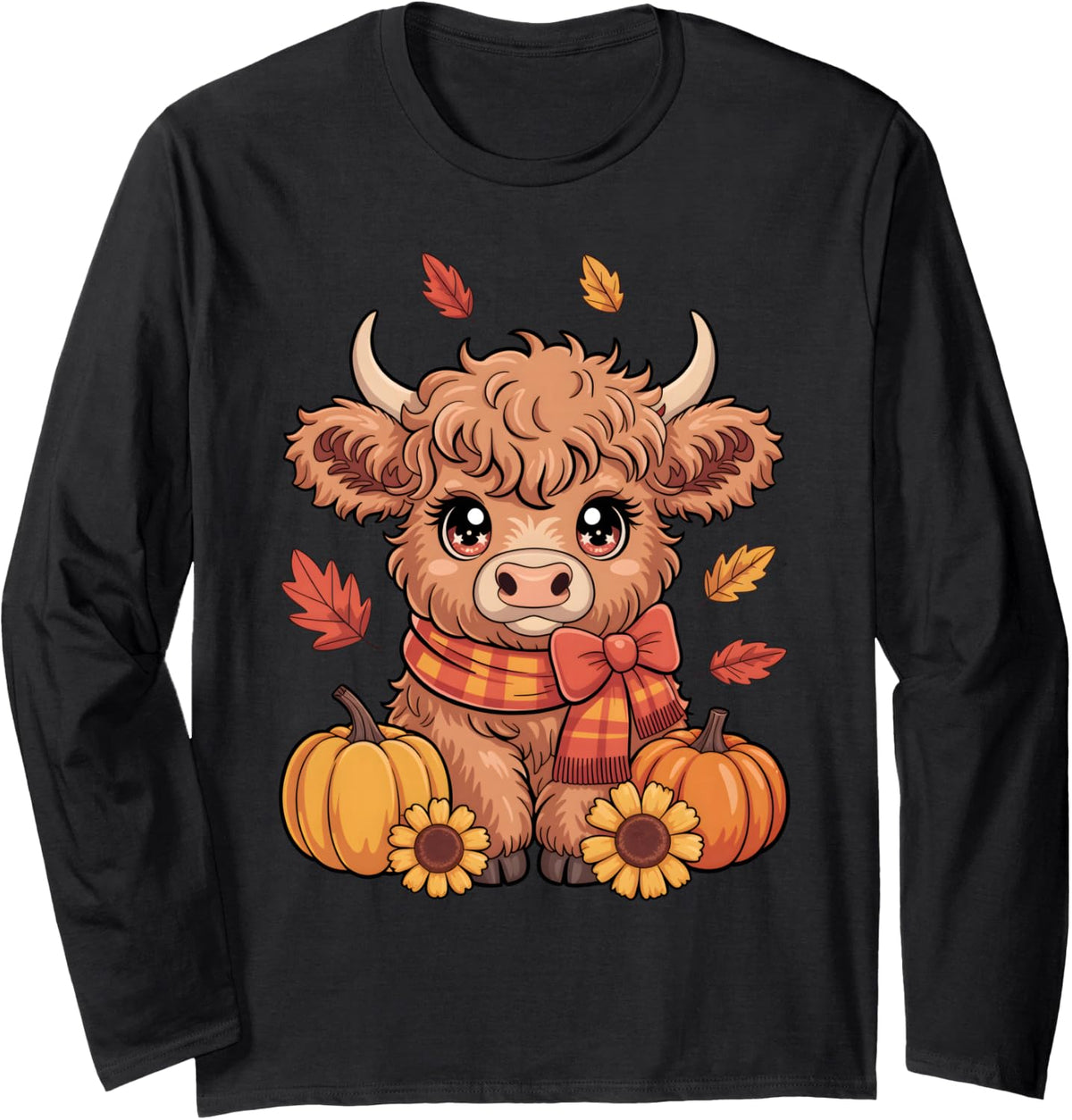 Cute Scottish Highland Cow Thanksgiving Pumpkin Fall Vibes Long Sleeve T-Shirt - Adult Unisex Black