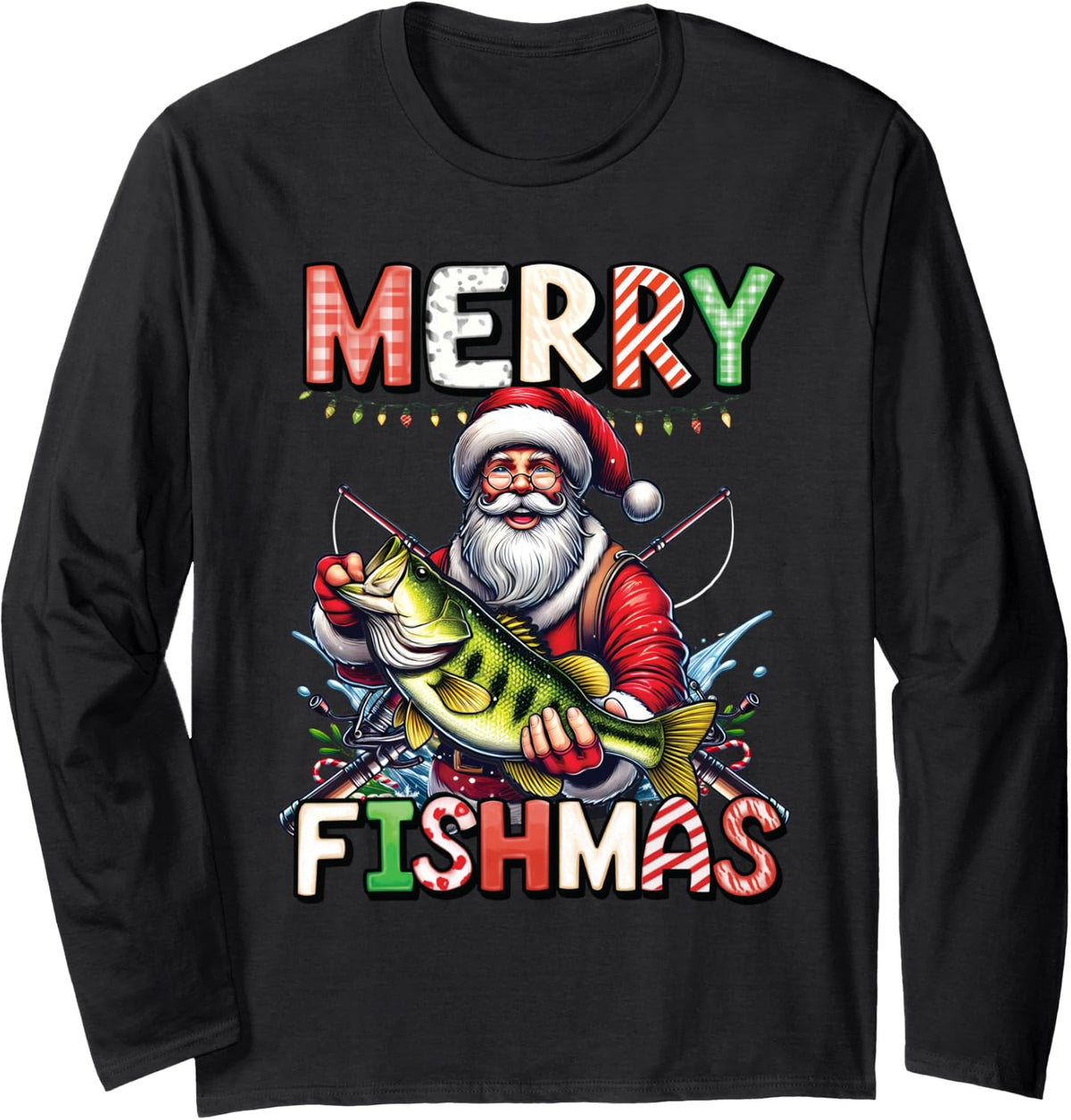 Fishmas Funny Fishing Christmas Santa Fisherman Angler Uncle Long Sleeve T-Shirt - Adult Unisex Black
