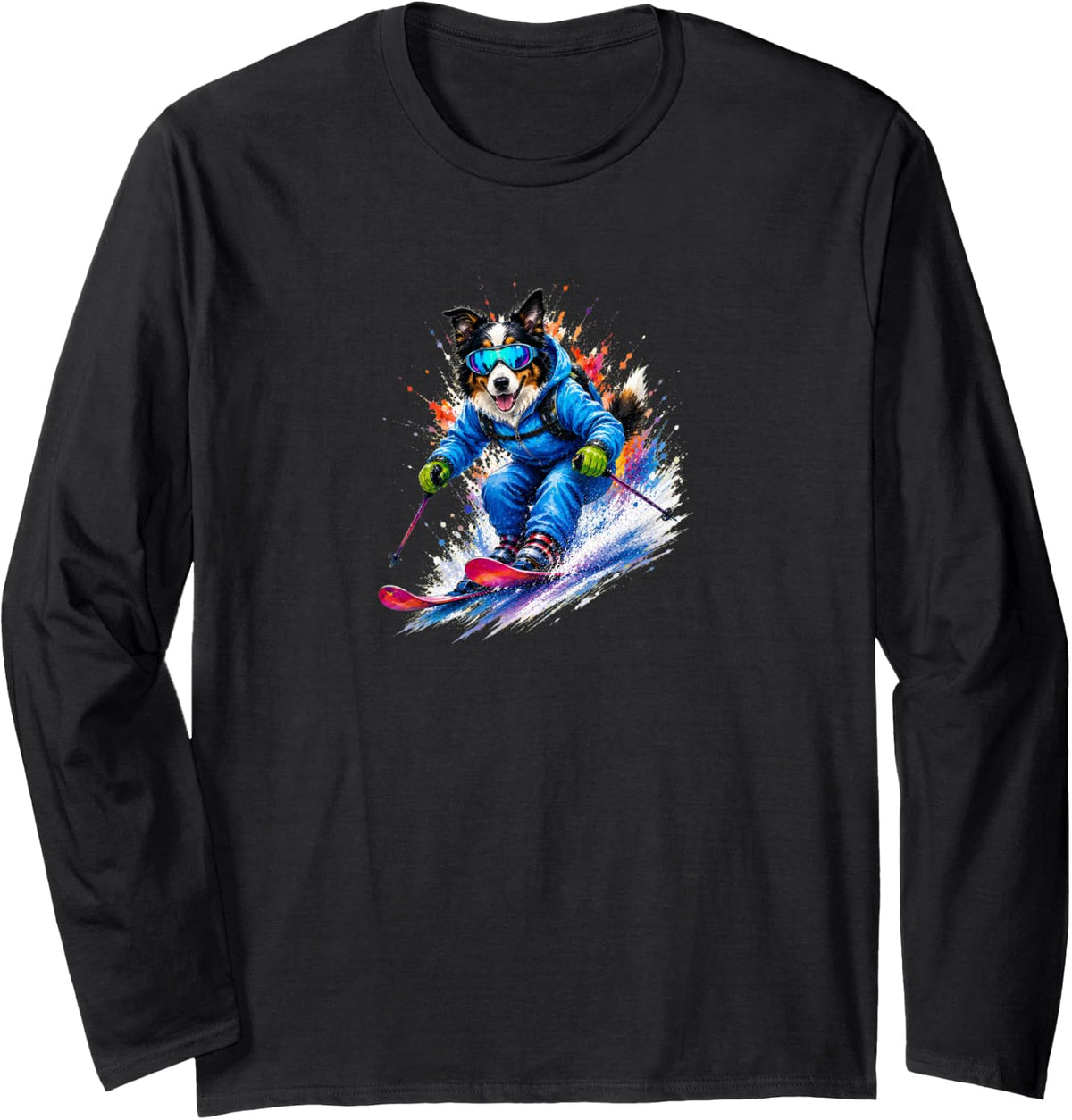 Border Collie Dog Skiing Watercolor Splash Art Long Sleeve T-Shirt - Adult Unisex Black