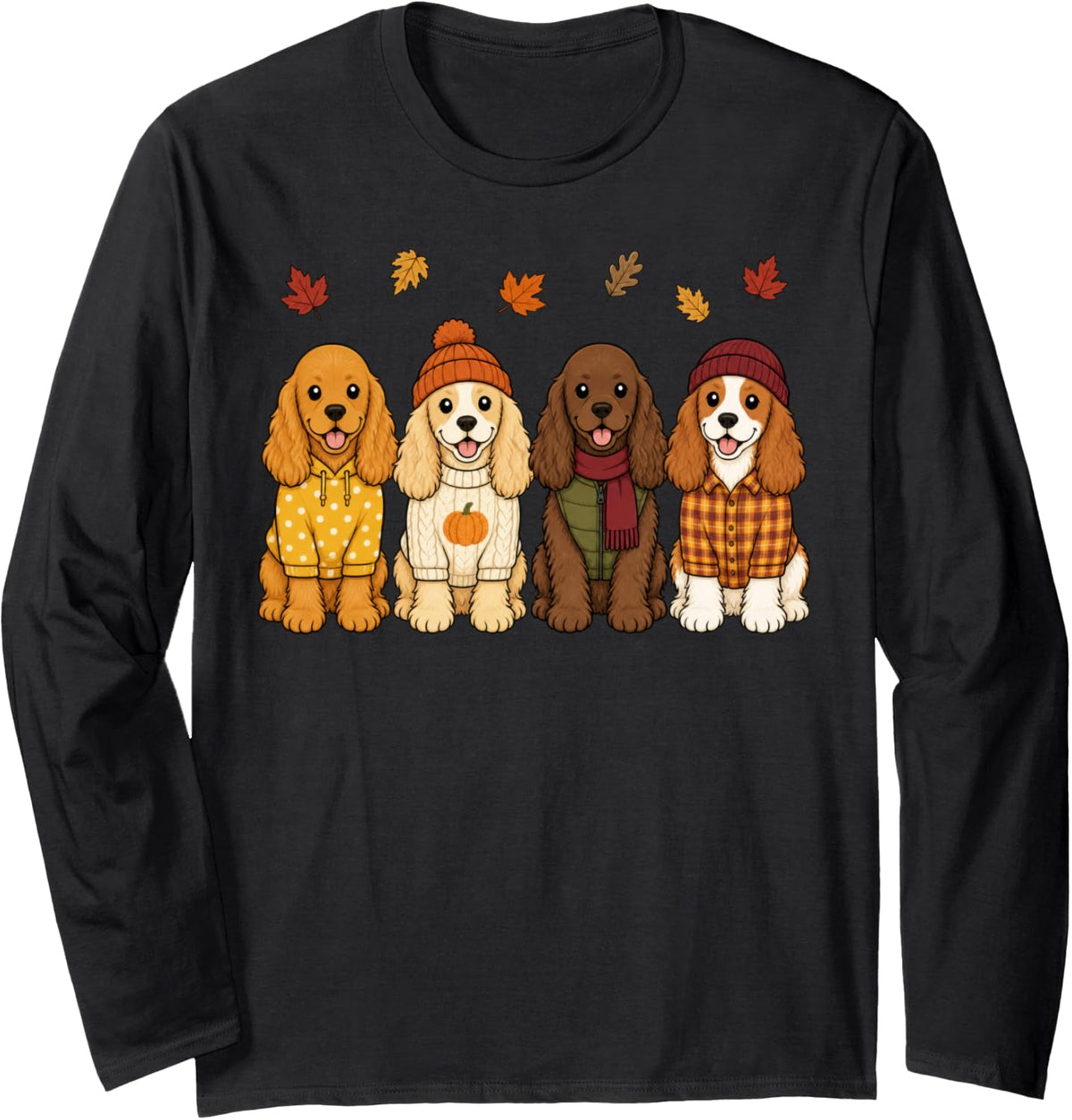 Cocker Spaniel Fall Autumn Season Pumpkin Dog Long Sleeve T-Shirt - Adult Unisex Black