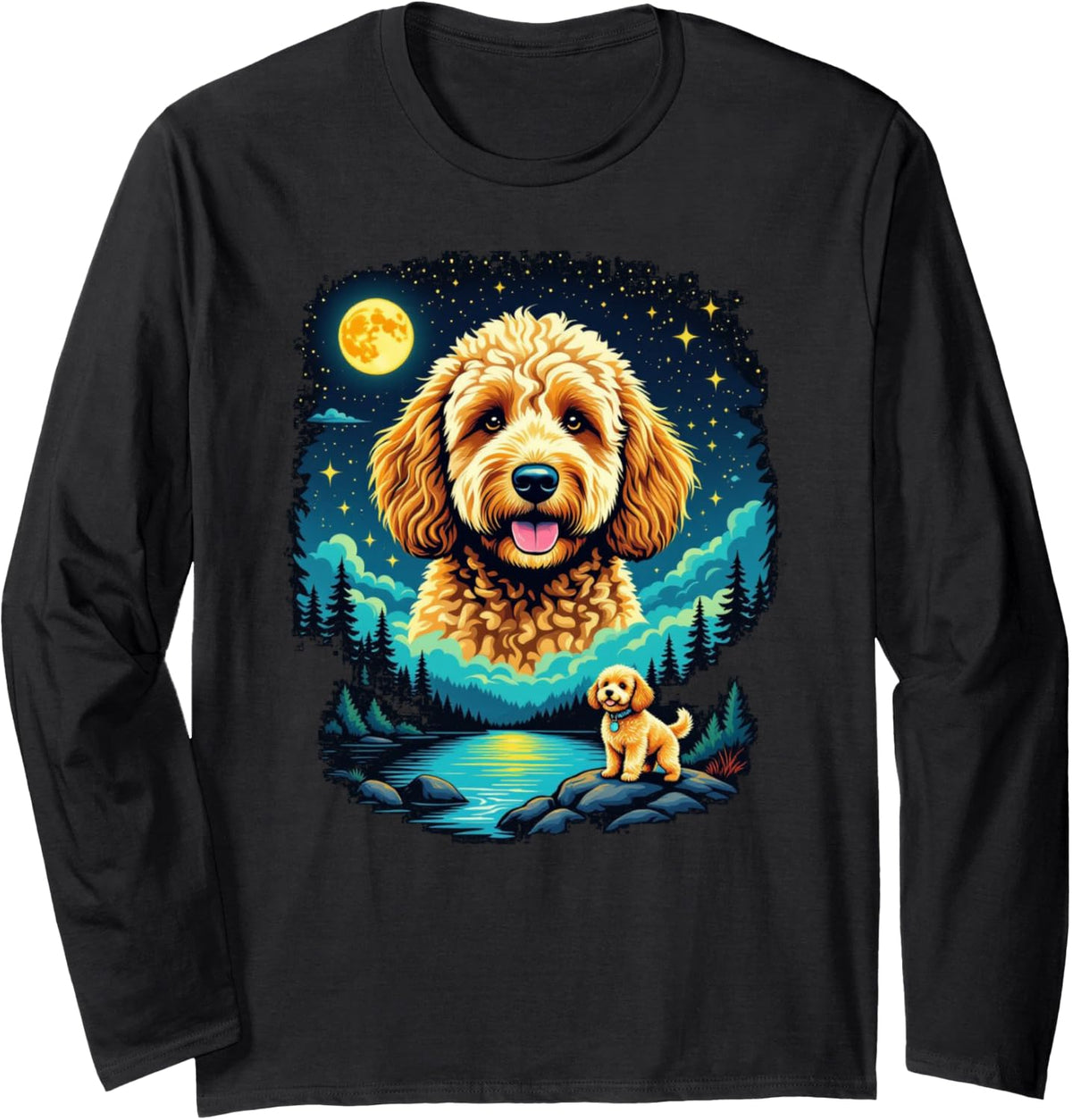 Goldendoodle Under The Moon and Stars Long Sleeve T-Shirt - Adult Unisex Black
