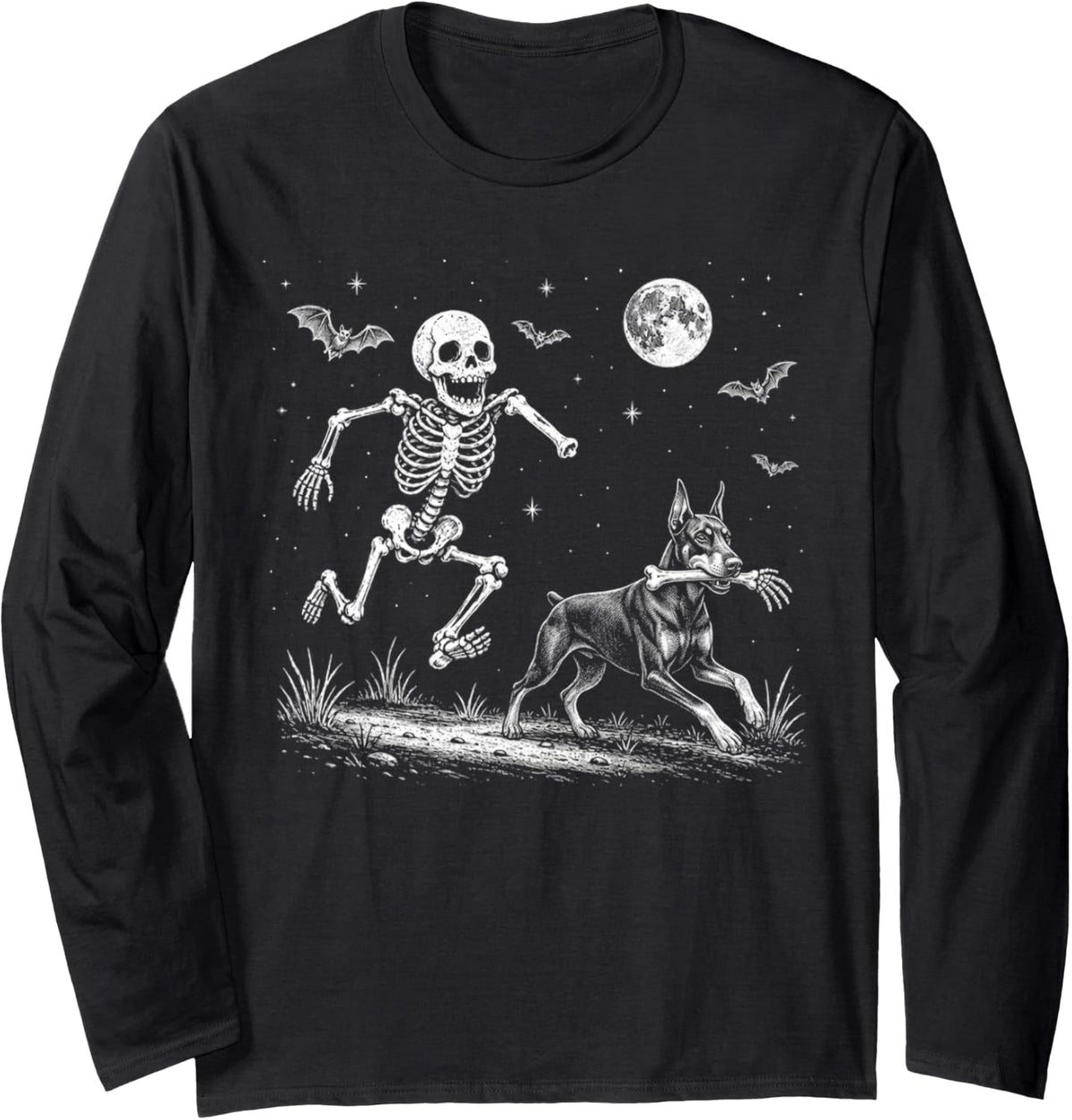 Funny Skeleton Chasing Doberman Pinscher Halloween Dog Mom Long Sleeve T-Shirt - Adult Unisex Black