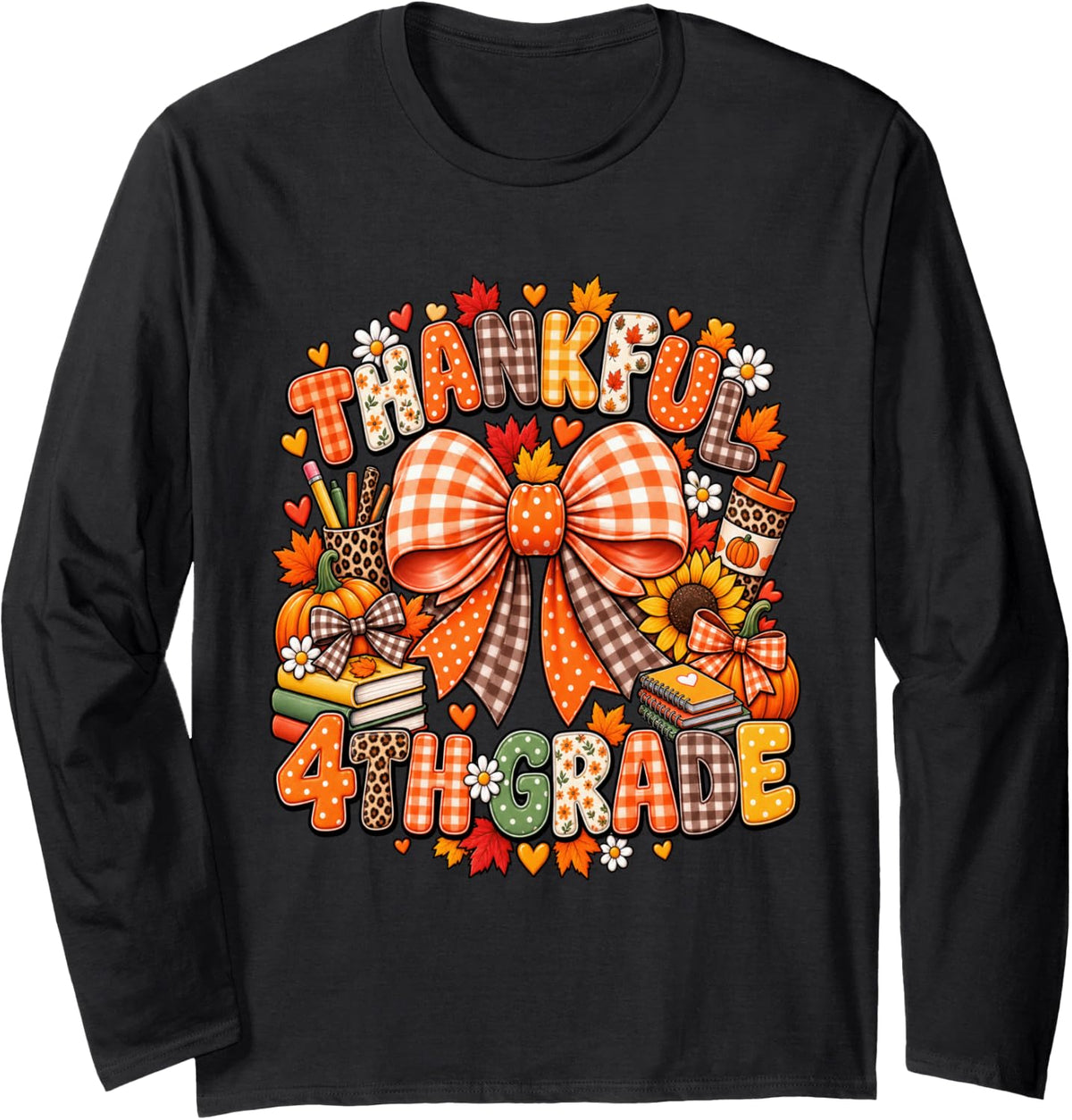 Fall Fourth Grade Thankful 4th Grade Teacher Thanksgiving Long Sleeve T-Shirt - Adult Unisex Black
