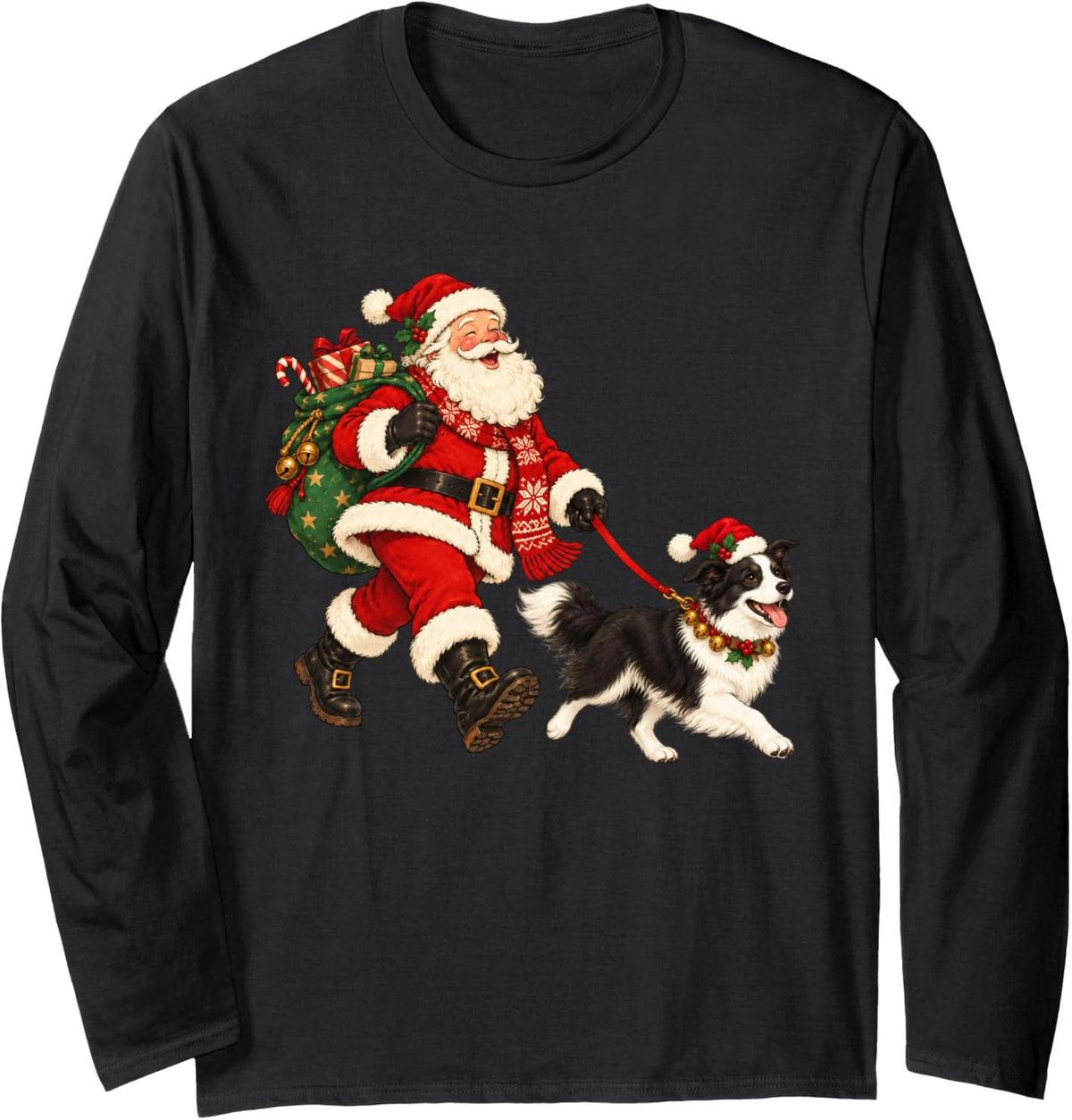 Border Collie Christmas Dog Walking with Santa Holiday Dog Long Sleeve T-Shirt - Adult Unisex Black
