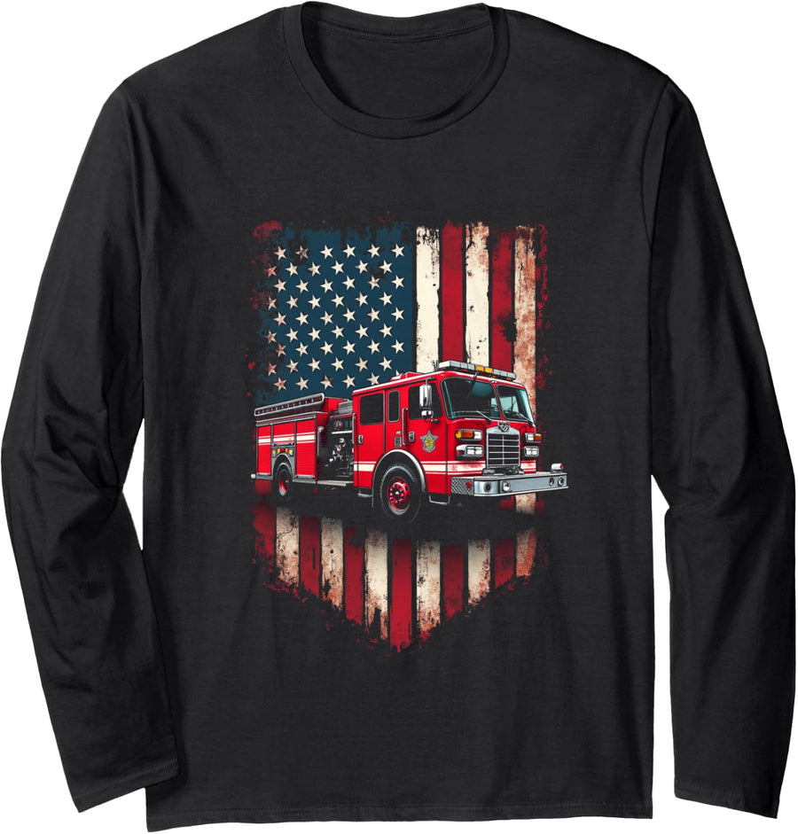 Fire Truck American Flag Rug Long Sleeve T-Shirt - Adult Unisex Black
