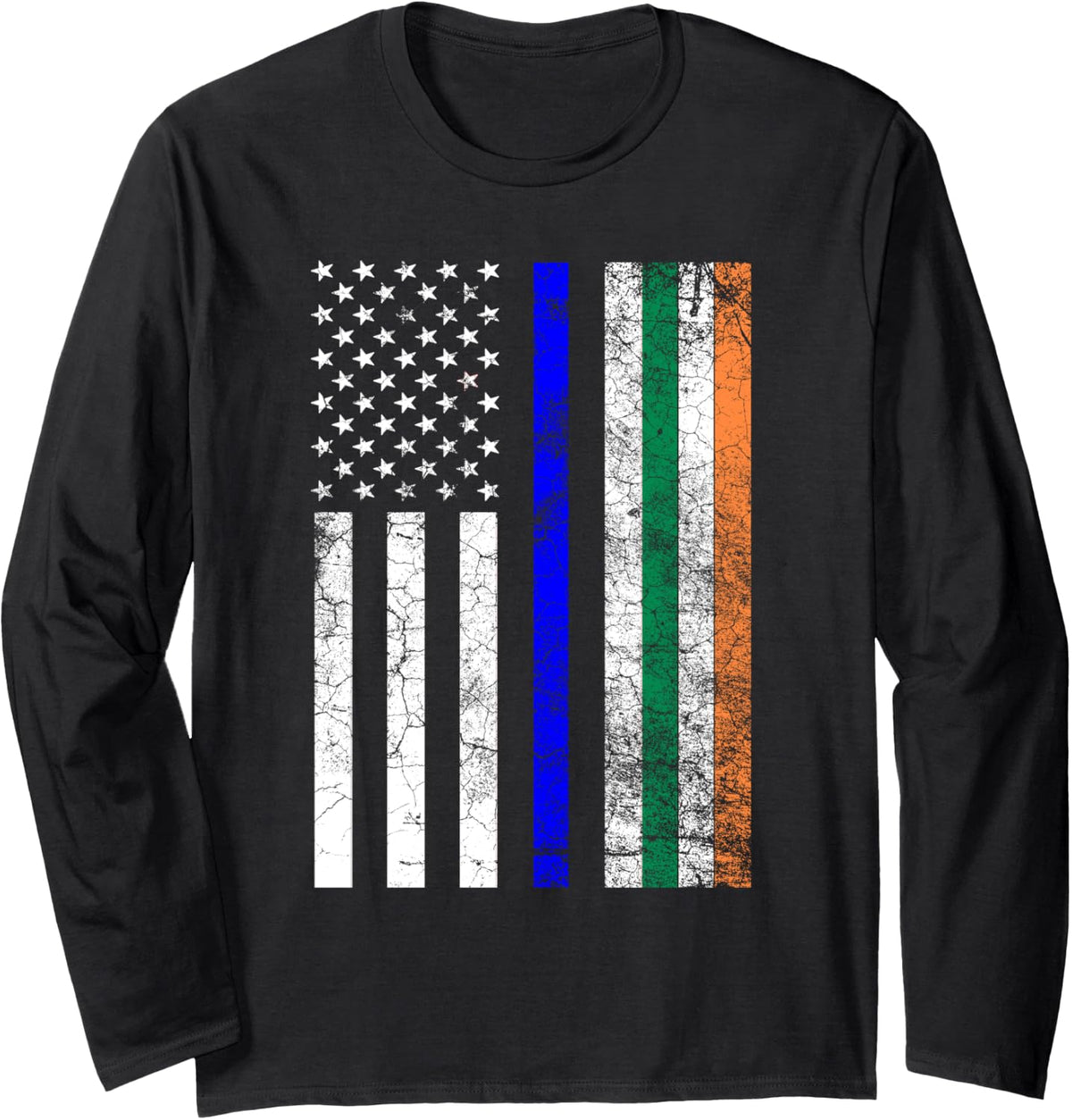 Irish American Flag Thin Blue Line Police St. Patrick's Day Long Sleeve T-Shirt - Adult Unisex Black