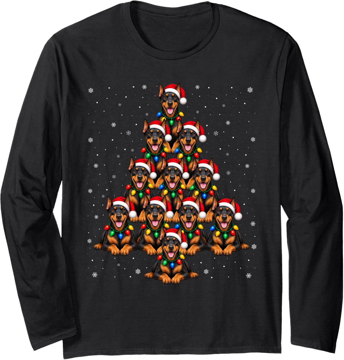 Doberman Pinscher Christmas Tree Snowflake Santa Hat Dog Long Sleeve T-Shirt - Adult Unisex Black