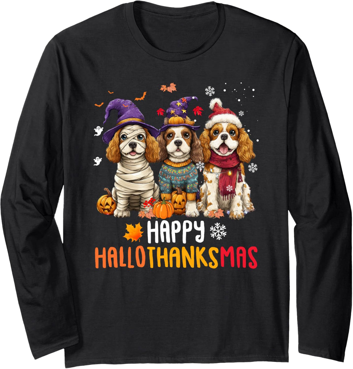 Cocker Spaniel Dog Christmas Hallothankmas Thanksgiving Long Sleeve T-Shirt - Adult Unisex Black