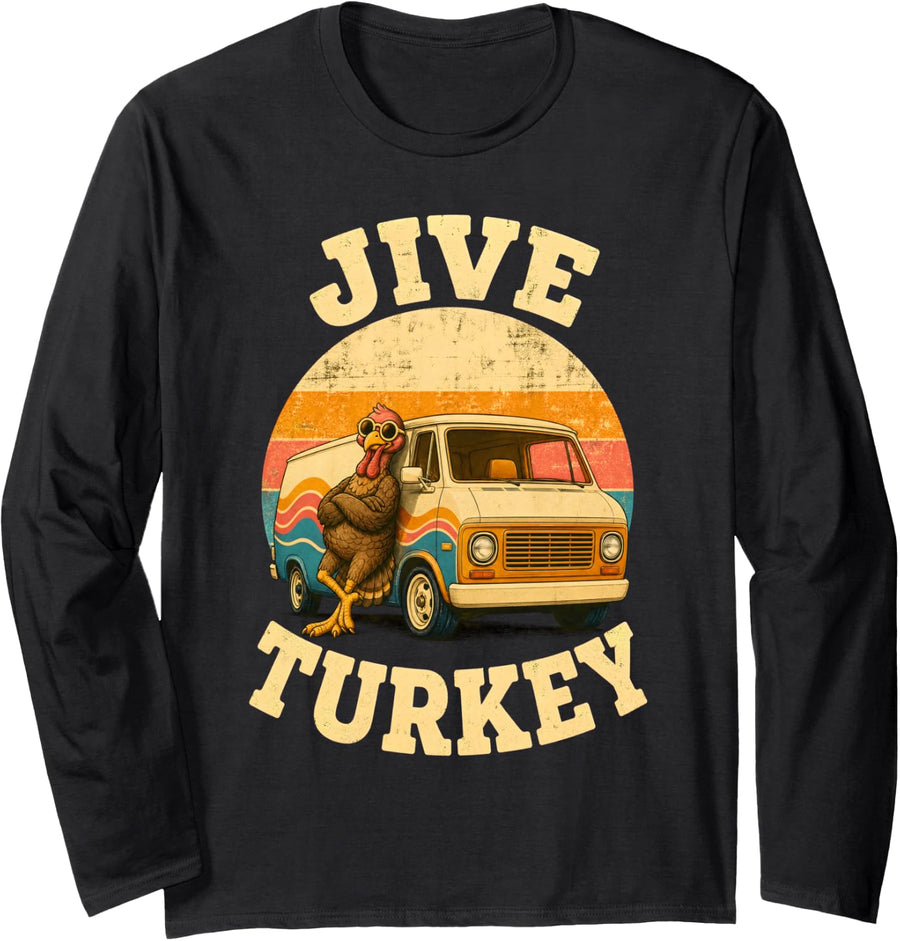 Jive Turkey Retro 70s Van Sunset Hippie Funny Turkey Long Sleeve T-Shirt - Adult Unisex Black