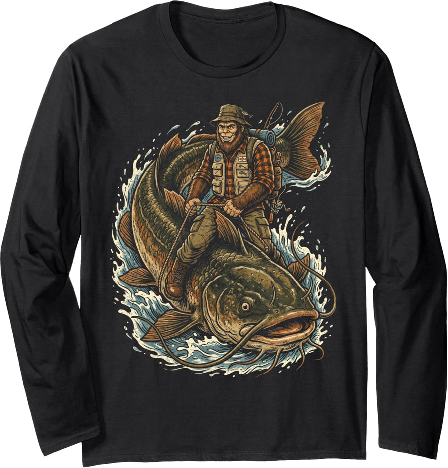 Catfishing Wels Catfish Bigfoot Hunting Catfishermen Long Sleeve T-Shirt - Adult Unisex Black
