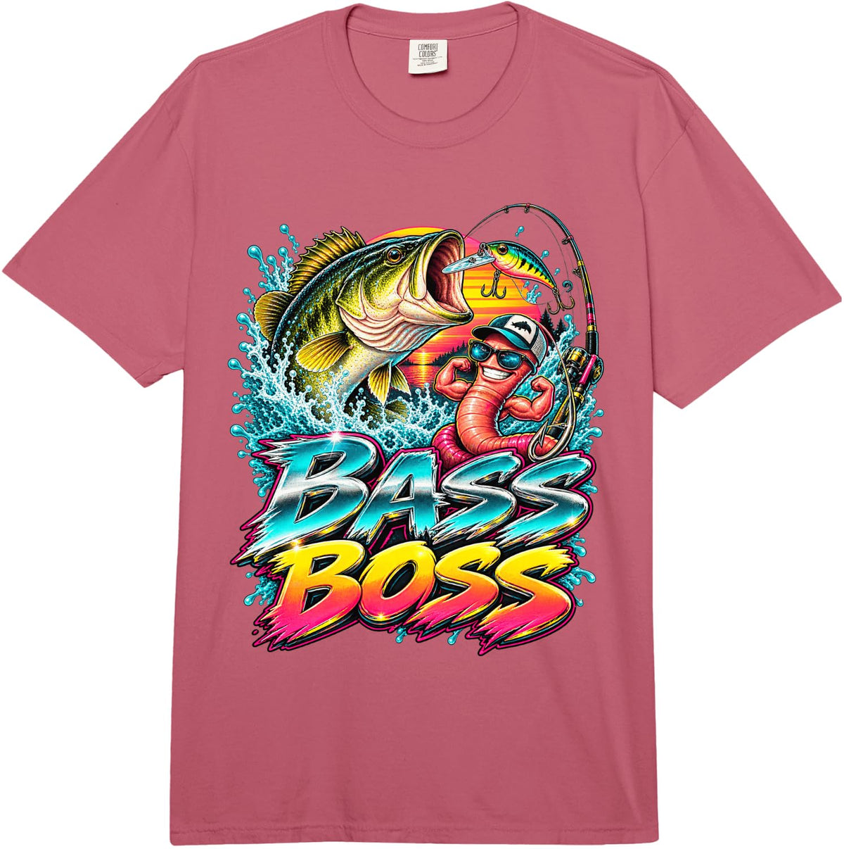 BASS BOSS Funny Largemouth Fishing Angler Men Fisherman Comfort Colors Adult Heavyweight T-Shirt - Adult Unisex Raspberry Red