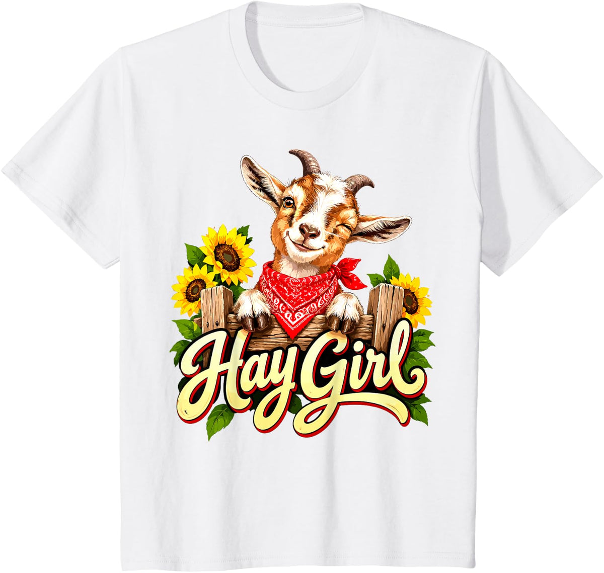 Hay Girl Goat with Sunflowers T-Shirt - White