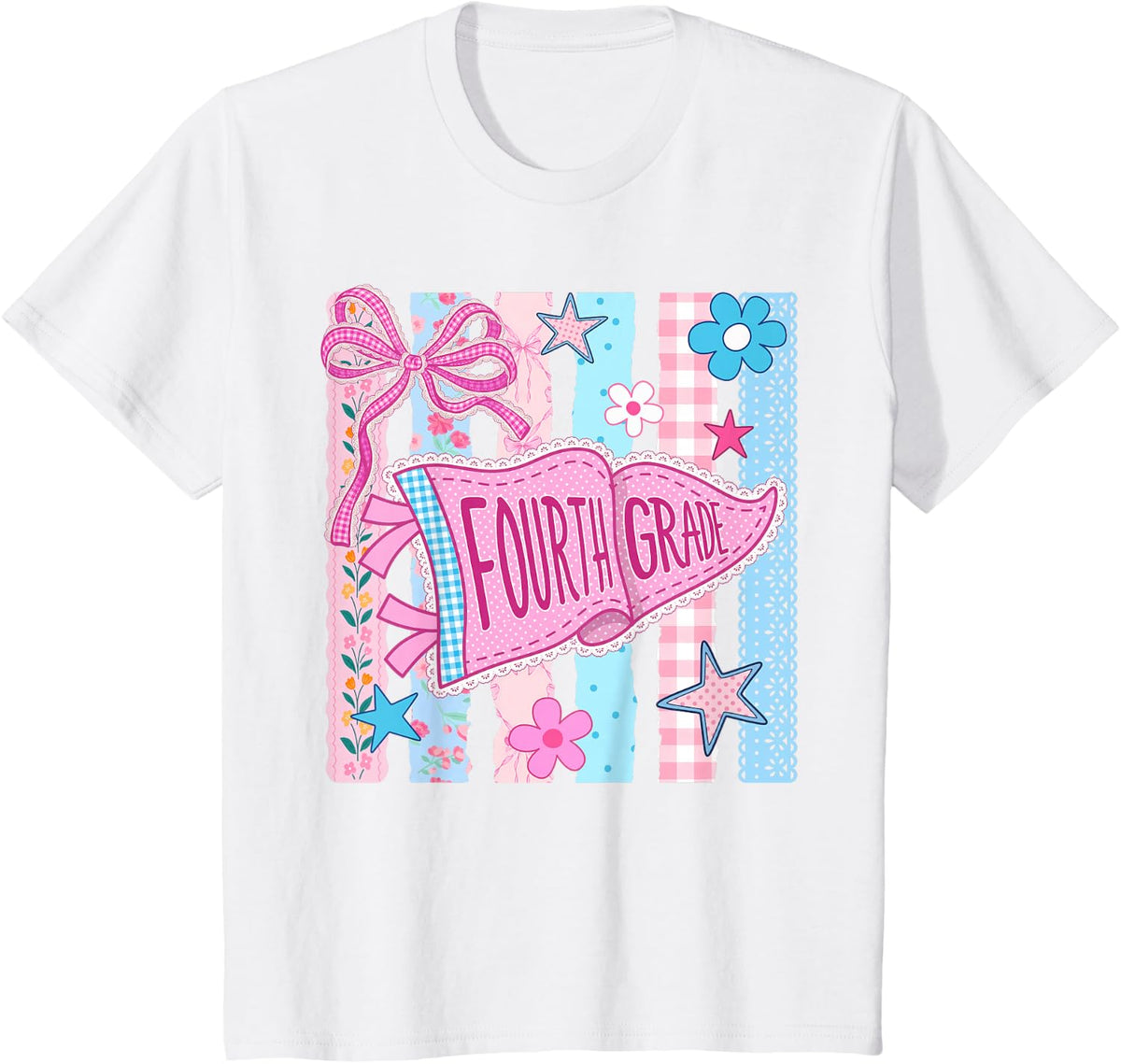 Striped Floral Pennant Flag Back to School Fourth 4th Grade T-Shirt - White