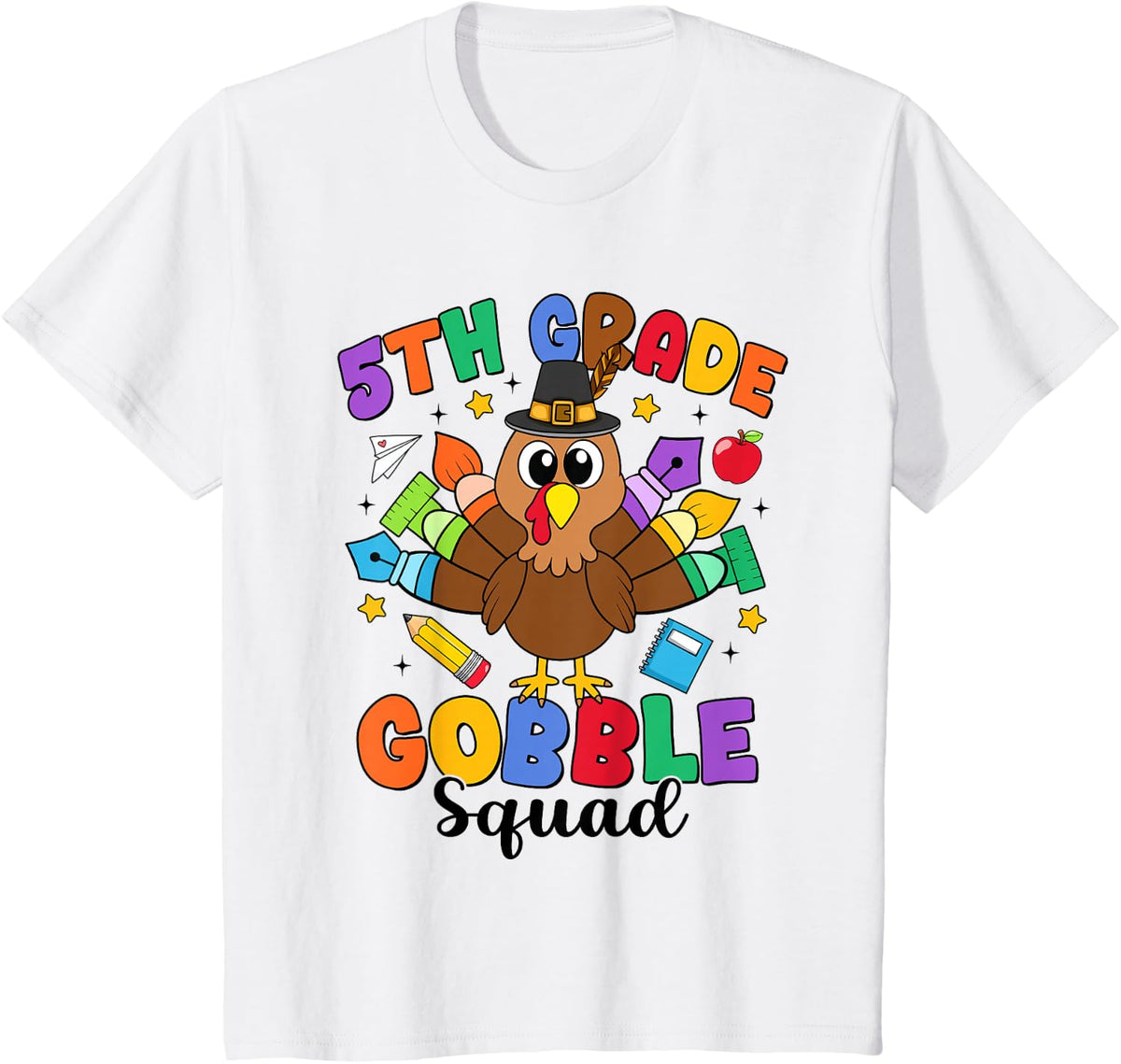 Fifth Grade Gobble Squad Turkey Funny Teacher Thanksgiving T-Shirt - White