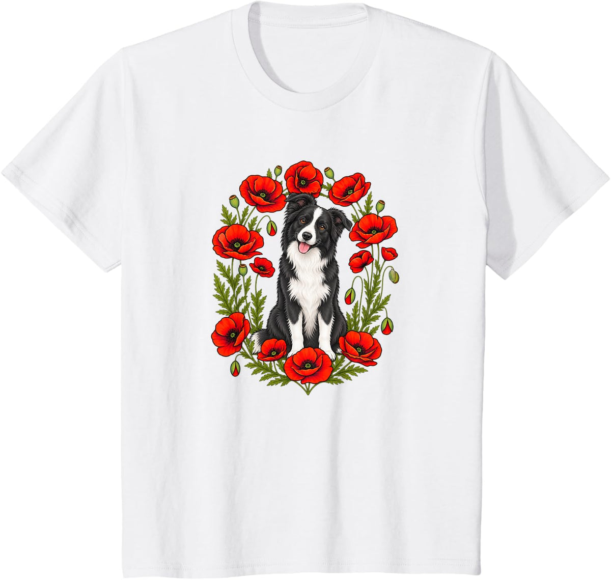Womens Girls Flower Floral Black & White Border Collie Lover T-Shirt - White