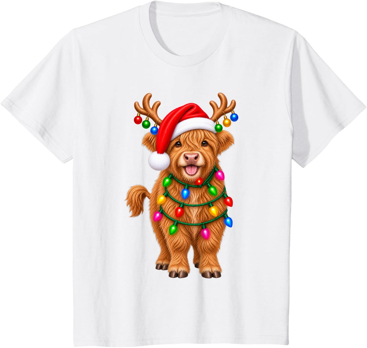 Highland Cow Christmas Reindeer Lights Pajama Xmas T-Shirt - White