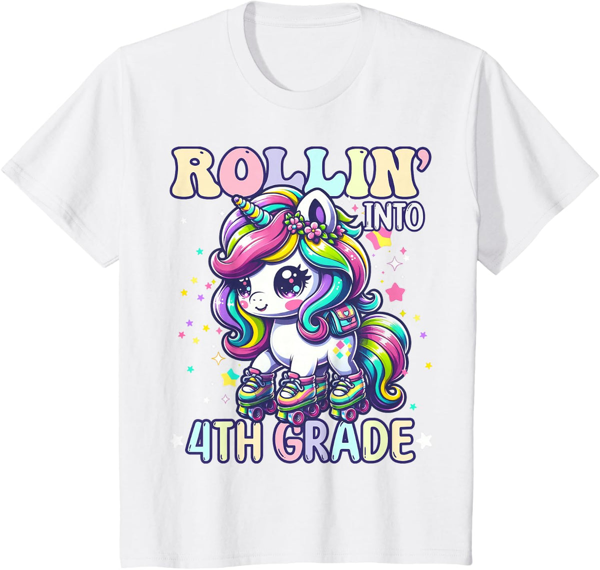 First Day of 4th Grade Shirt Girls Rollin into Fourth Grade Unicorn Back to School Tees T Shirts - White