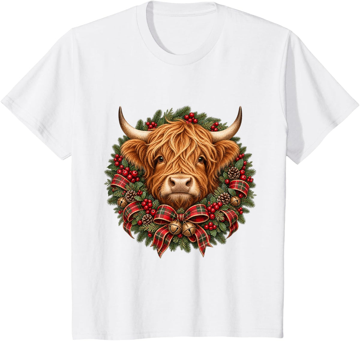 Highland Cow Christmas Wreath Cute Scottish Cow Holiday T-Shirt - White