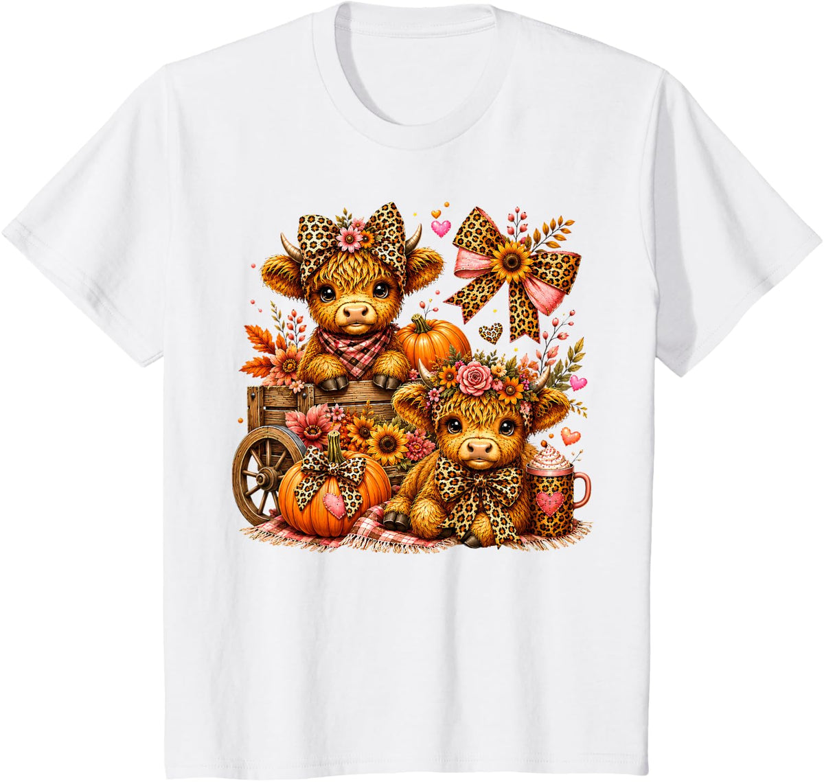 Leopard Highland Cow Fall Vibes Pumpkins Autumn Thanksgiving T-Shirt - White