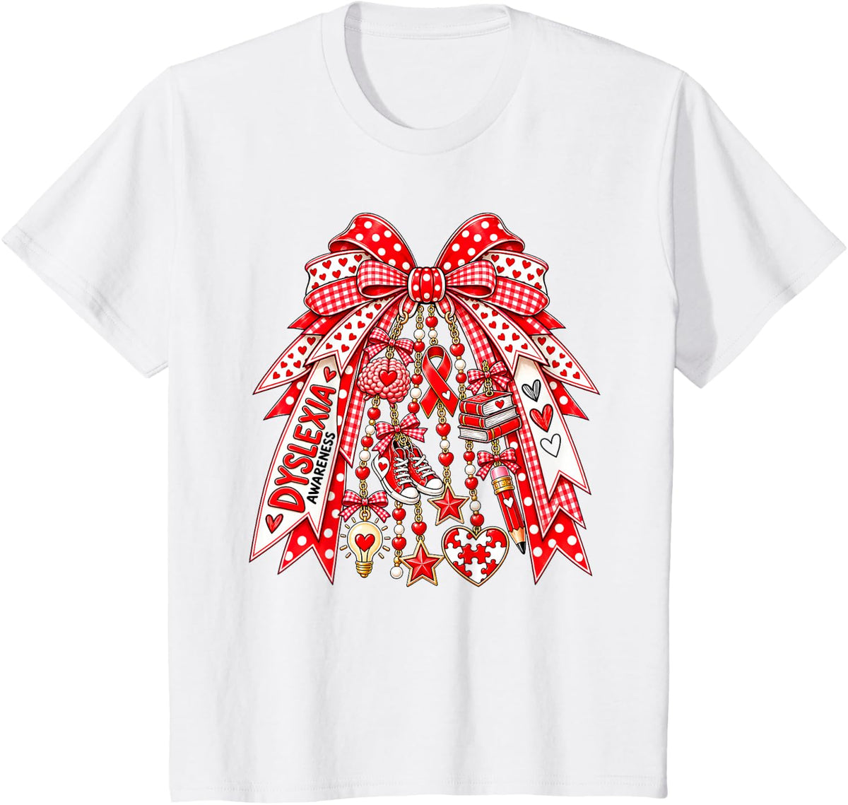 Coquette Bow Dyslexia Awareness Teacher Support Preppy T-Shirt - White