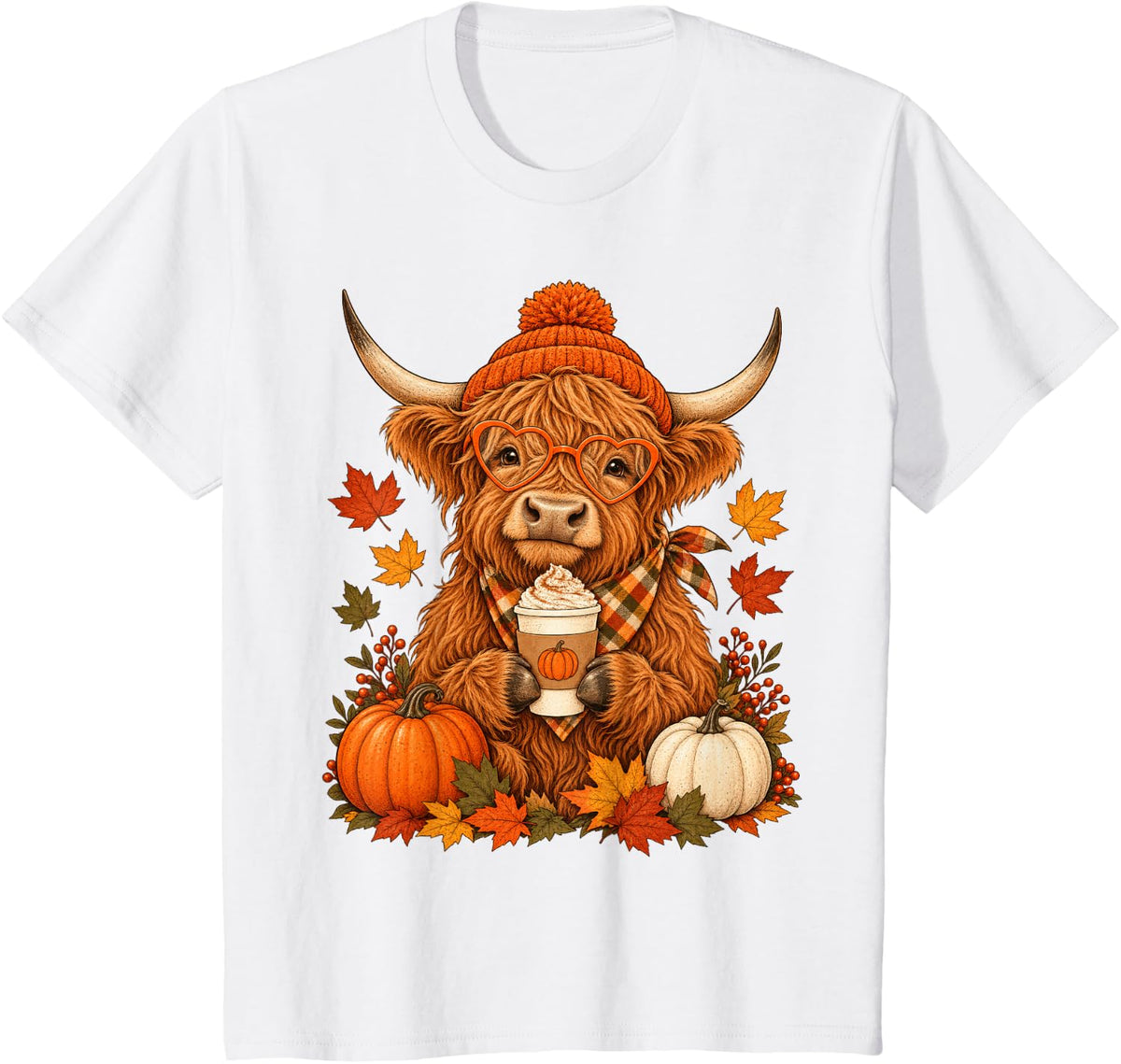 Scottish Highland Cow Fall Autumn Season Pumpkin Spice T-Shirt - White