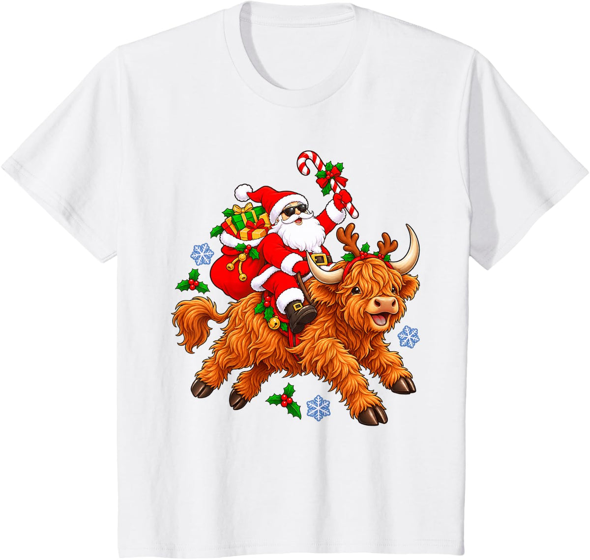 Christmas Santa Happy Highland Cow Holiday Character Graphic T-Shirt - White